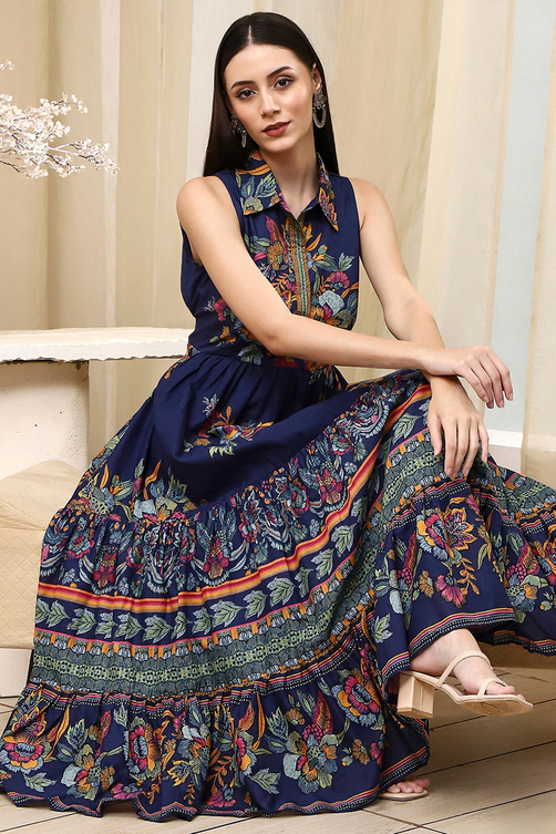 Indigo Cotton Floral Tiered Dress